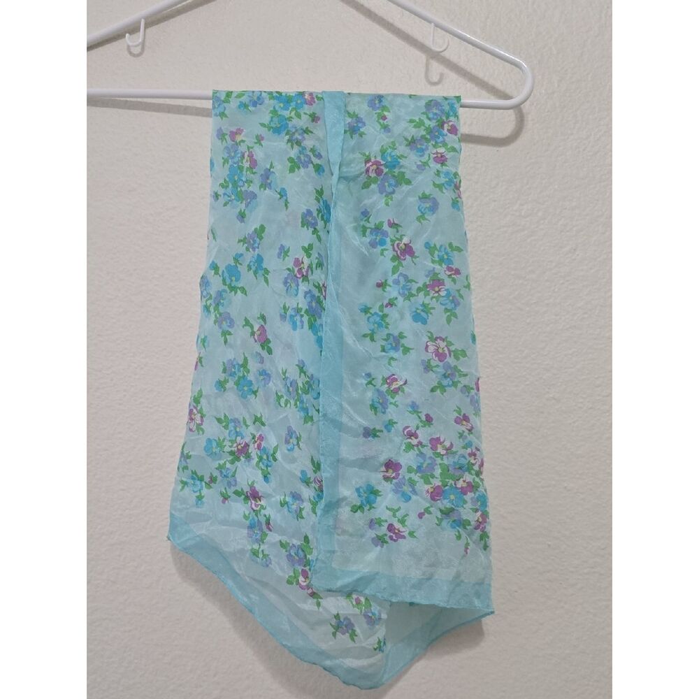 Sheer Light Aqua Floral Chiffon Vintage Made In Japan Scarf